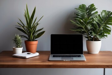 Wooden table with laptop blank white screen, complemented by a vibrant potted plant