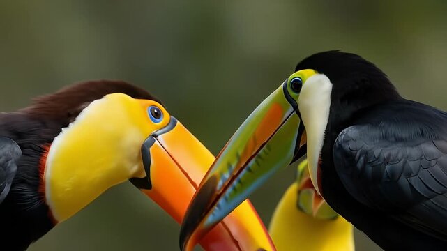 Three toucans are closely positioned, highlighting their vibrantly colored and large beaks