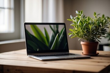Wooden table with laptop blank white screen, complemented by a vibrant potted plant
