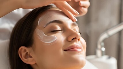 Relaxed woman getting facial treatment, creamy lotion applied by hands, serene spa setting
