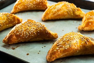 Puff pastry triangles with jam. Baking. Food concept.