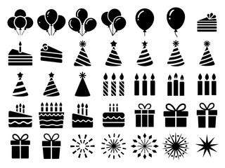 black birthday celebration icons set, including balloon, cake, party hat, candle, gift box, and firework element silhouettes. vector illustration