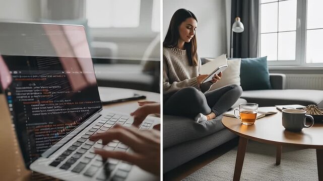 Side-by-side images show coding on laptop and relaxing with tea and book on couch