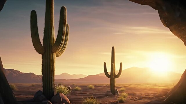 Desert landscape with tall cacti framed by a rocky outcrop during sunset