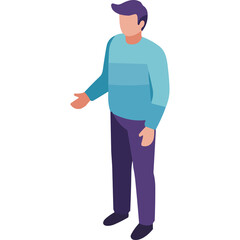 Isometric cartoon man standing with hands out wearing a blue and teal striped sweater and purple pants on a transparent background studio shot