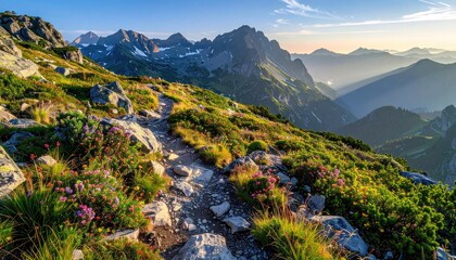 Scenic mountain landscape with a hiking trail winding through lush green slopes dotted with wildflowers under a clear sky with dramatic sun rays illuminating distant peaks
