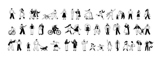 Set of outline tiny people. Couples hug, friends hold hands, have fun, kids play, characters stroll dogs. Men and women stand and walk. Flat isolated line art vector illustrations on white background © Paper Trident