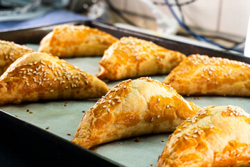 Puff pastry triangles with jam. Baking. Food concept.