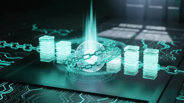 Blockchain Technology Visualization - Digital Chain and Data Blocks.