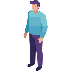 Isometric Man In Light Blue Sweater And Purple Pants Standing Against Transparent Background Minimalist Flat Design Style