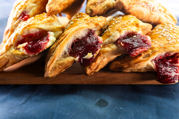 Puff pastry triangles with jam. Baking. Food concept.