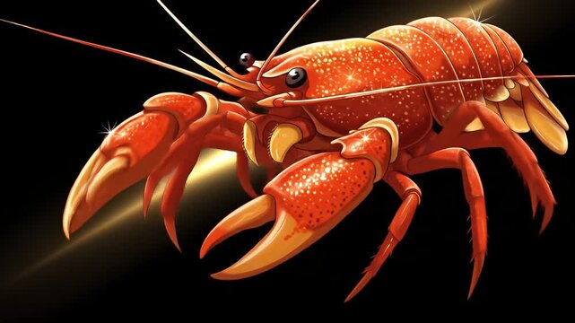 An illustration of a crawfish, showing reddish hues and sharp claws, against black
