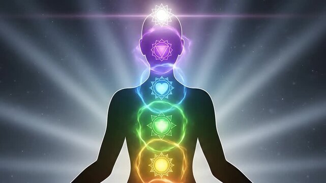 Calming chakra alignment video featuring glowing meditating figure with radiant energy field, cosmic backdrop, rising colored chakra lights and soft particle motion. Ideal for yoga, meditation