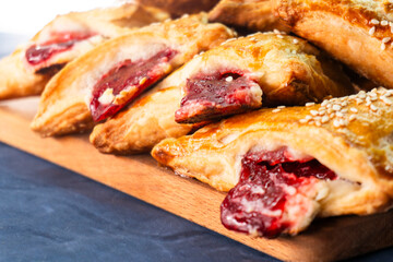 Puff pastry triangles with jam. Baking. Food concept.