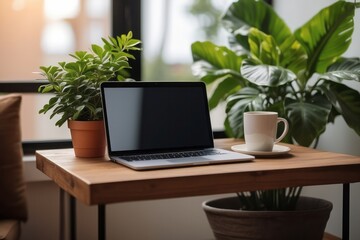 Wooden table with laptop blank white screen, complemented by a vibrant potted plant
