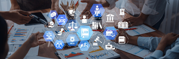 Law icons illustrate justice, court, and regulation system. Law represents fairness, law supports...