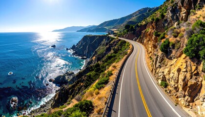 Scenic Pacific Coast Highway Drive With Sunlight Reflecting On The Ocean And Lush Green Hills Under A Clear Blue Sky