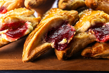 Puff pastry triangles with jam. Baking. Food concept.