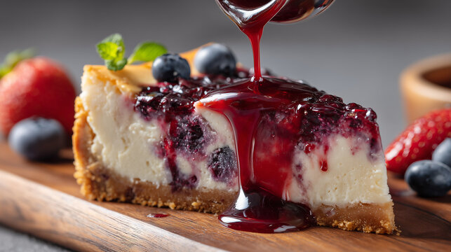 Homemade cheesecake with red berry syrup dripping closeup