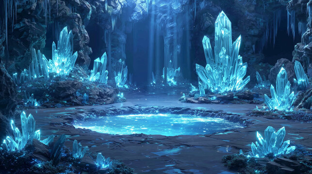 Magical crystal cavern glowing gemstones 3D fantasy world