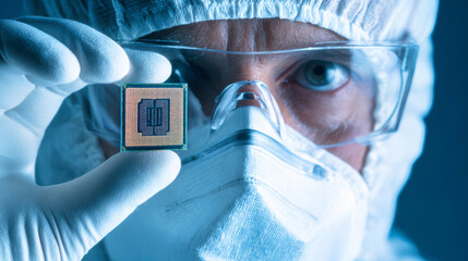 Engineer showcases advanced chip technology in a clean room environment during a research project