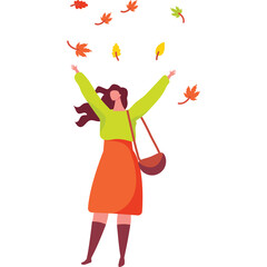 Joyful Woman in Orange Skirt and Lime Green Sweater Tosses Autumn Leaves in the Air with Arms Raised on a Transparent Background