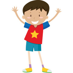 Joyful Young Boy With Brown Hair And Blue Eyes Wearing A Red T Shirt With Yellow Star And Blue Shorts Raising Hands In A Happy Pose Isolated On White Background