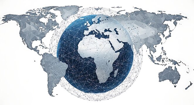 A digital illustration shows a wireframe sphere centered on the Earth map, symbolizing global communication, technology, and connectivity.