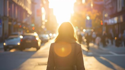 Back view of a woman walking on a city street into bright sun during golden hour