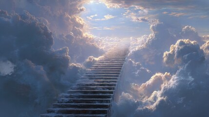 Obraz premium Ethereal staircase leading into bright clouds under a serene sky at dawn