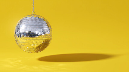 Shiny disco ball hanging on bright yellow background