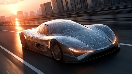 futuristic solar electric roadster racing on bright futuristic highway, eco energy, glowing panels, sleek aerodynamic shape, sunlight reflections
