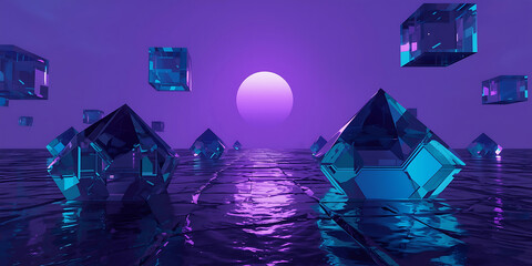 Futuristic abstract purple landscape with reflective crystal shapes and orb