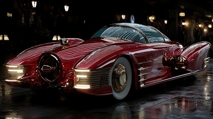 retro-futurism car, chrome finish, vintage meets sci-fi, cinematic lighting, elegant curves, art deco influence