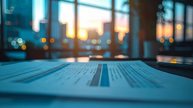 Financial data sheet on desk with cityscape at dusk; focus on charts and graph
