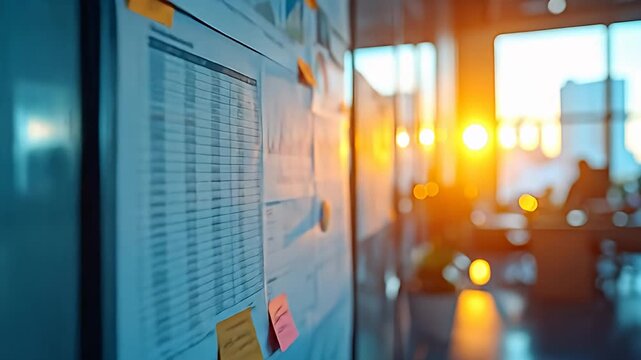 Strategy wall with charts, graphs, sticky notes. Bright sunset through window. Out of focus