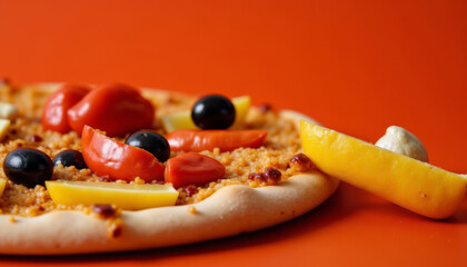 Artistic pizza with olives tomatoes and yellow pepper on a vibrant orange background.