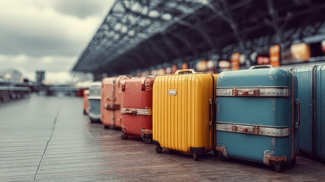 Colorful luggage lined up at a train station platform on an overcast day in an urban setting