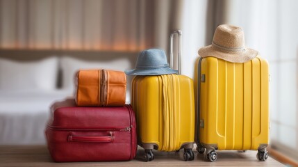 Colorful suitcases and hats ready for travel at a hotel room in the morning
