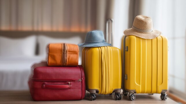 Colorful suitcases and hats ready for travel at a hotel room in the morning