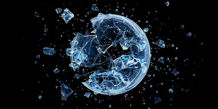 Transparent sphere shattering into many sharp glass fragments exploding against