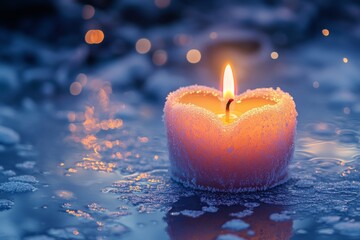 Heart-shaped candle glowing softly in a winter setting with frost and ambient lights at dusk