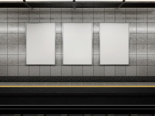 Three Blank White Subway Posters Mockup 3D Rendering On Station Wall