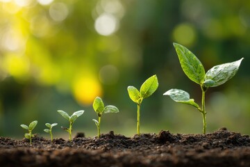 Fototapeta premium Sprout Growth. Seedling growing steps. Development Process. Saplings sprouting in the rich soil on a blurred green natural background, sunlight. Positive indicators business success concept. Planting