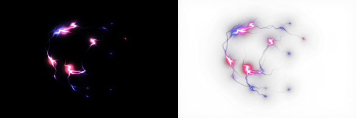 Abstract electric energy illustration with vibrant pink and blue lightning effects on contrasting dark and light backgrounds, showcasing dynamic movement and visual impact for creative projects