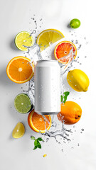 Fresh citrus fruit blank canned beverage can with water splash refreshing summer drink
