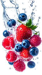 Fresh Berries Splash with Water Drops Isolated on White Background Healthy Food