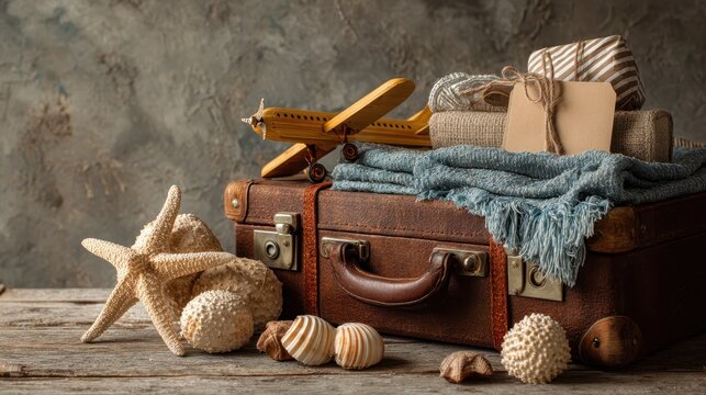 Vintage suitcase filled with travel essentials and decorative items on a rustic wooden table
