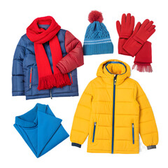 Colorful winter clothing collection with scarves, mittens, hats, sweaters, and coats, playful patterns