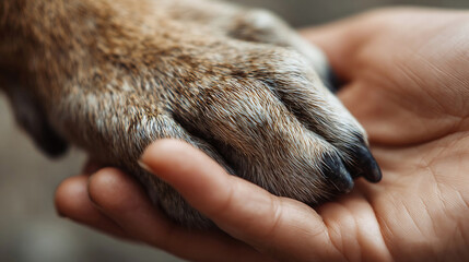 Human hand and dog paw, togetherness and friendship, animal love, closeup body part